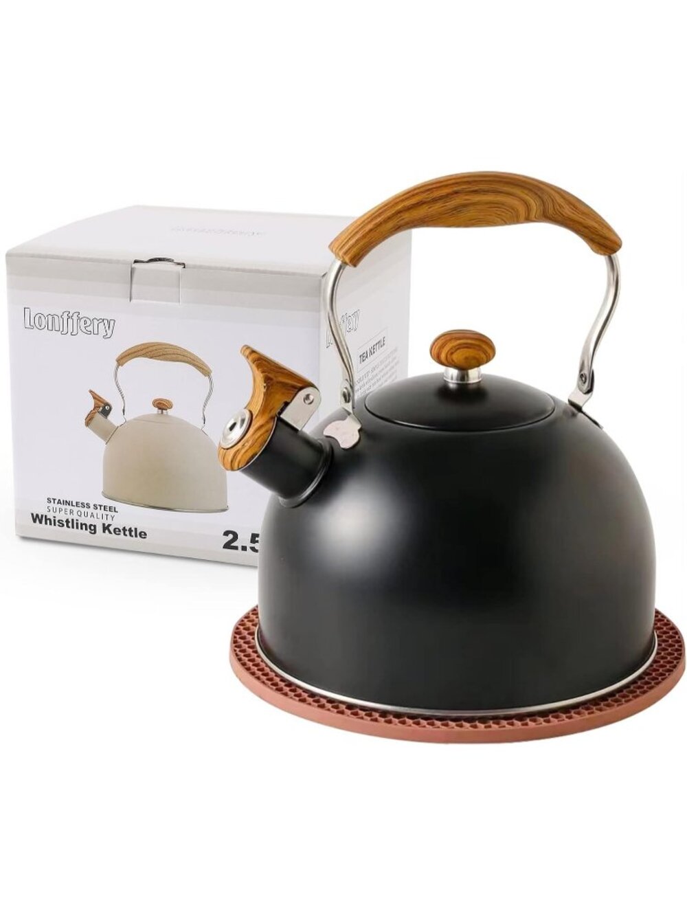 Black Kitchen Whistling Tea Kettle 2.5 Quart Stainless Steel Wood Folding Handle